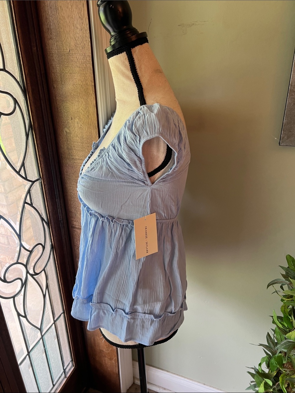 Light Blue Ruffle-Trim V-Neck Women's Blouse - Picture 3 of 6